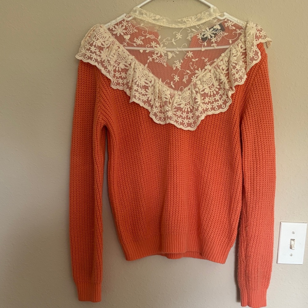 Alice Blue Orange Off-the-Shoulder Sweater with Lace